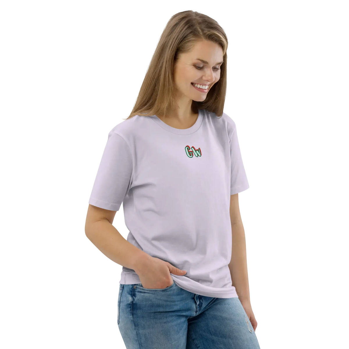 Lavender T-shirt with small multicolor chest logo and crew neckline, short sleeves