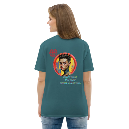 Unisex organic cotton t-shirt, teal blue, back heart portrait graphic, short sleeves