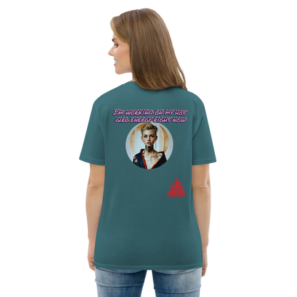 Unisex organic cotton t-shirt, teal blue; back graphic with portrait, text, and red logo