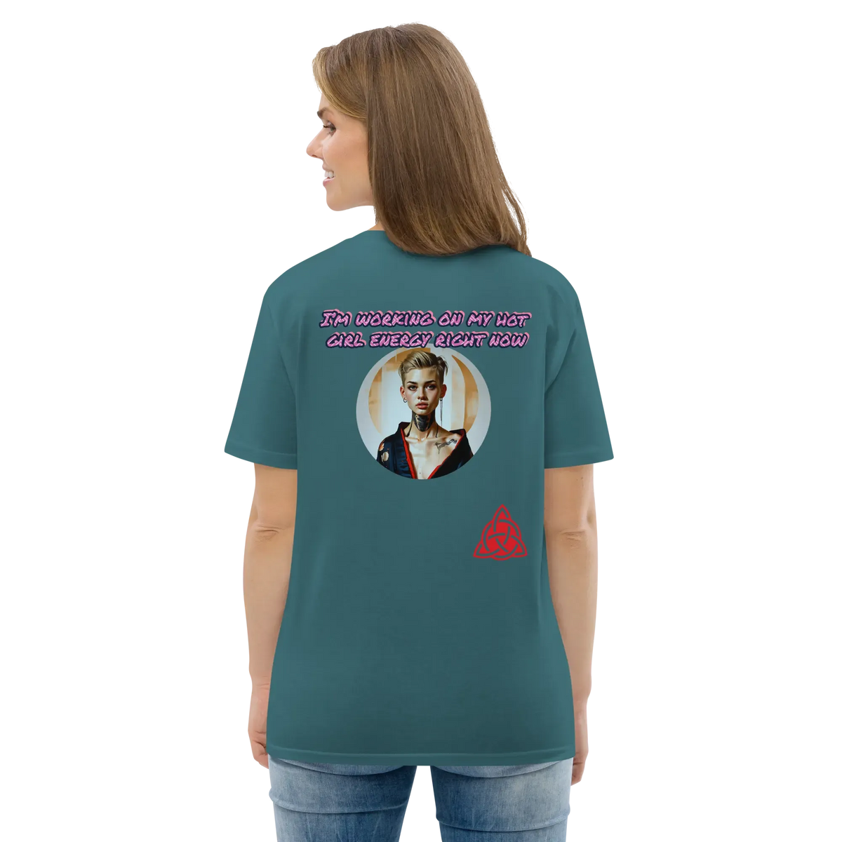 Unisex organic cotton t-shirt, teal blue; back graphic with portrait, text, and red logo