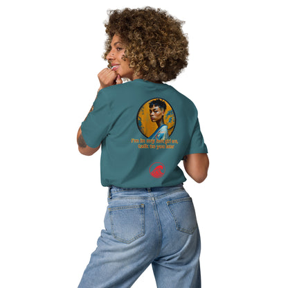Dark teal unisex organic cotton T-shirt, back print with circular portrait and text