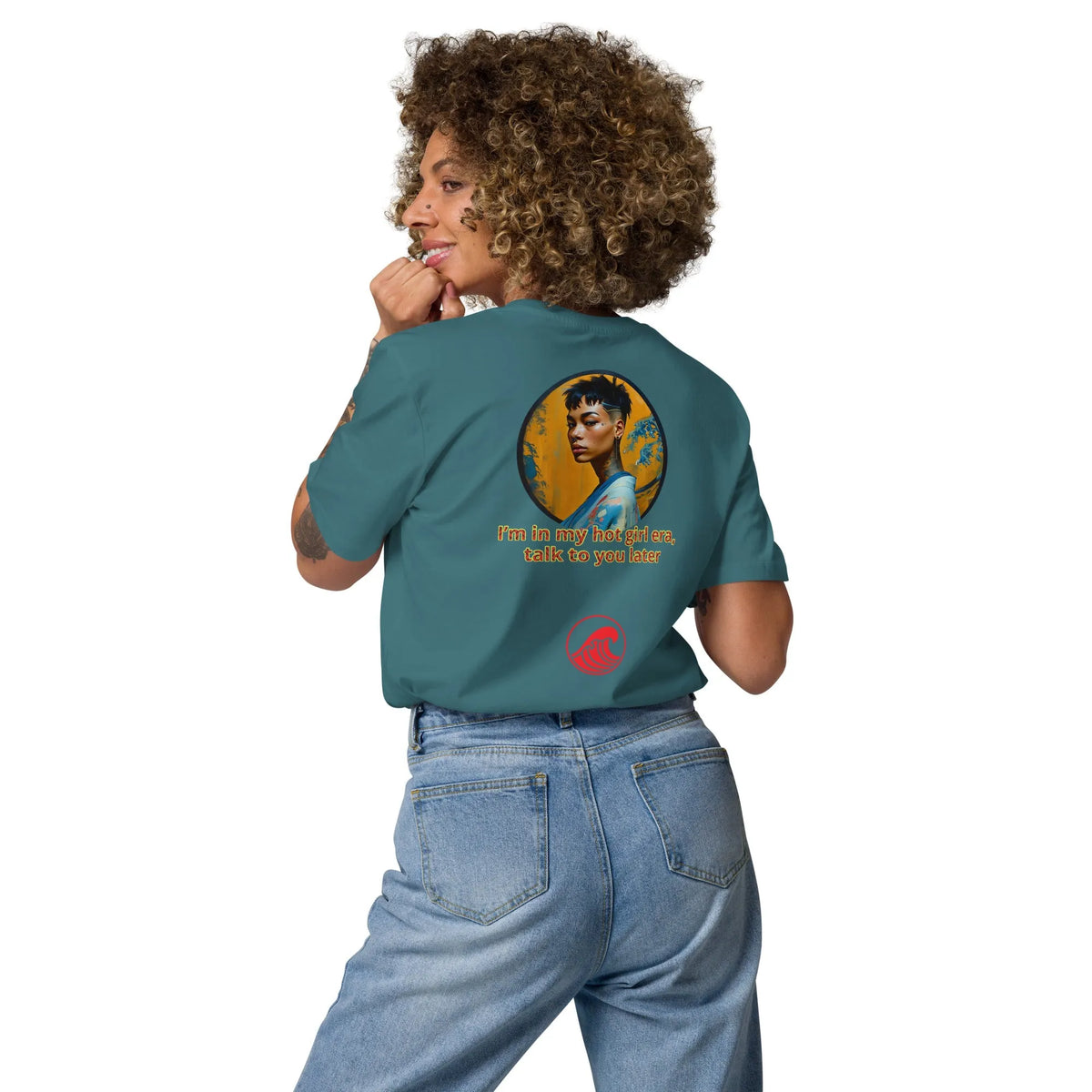 Dark teal unisex organic cotton T-shirt, back print with circular portrait and text