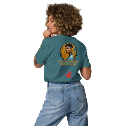 Dark teal unisex organic cotton T-shirt, back print with circular portrait and text