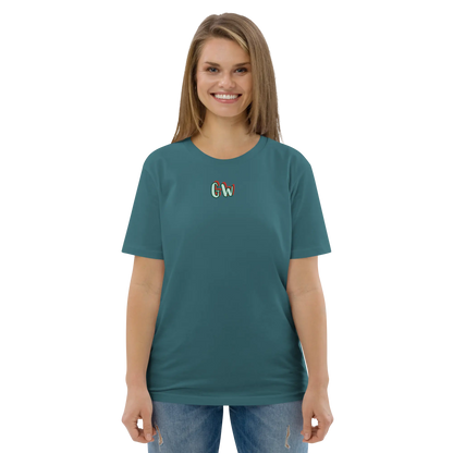 Unisex organic cotton T-shirt, teal, small chest logo print