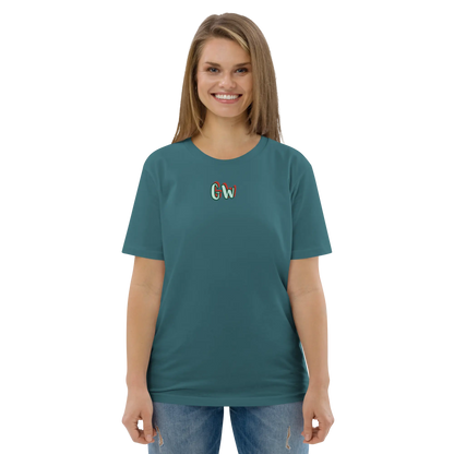 Unisex organic cotton T-shirt, teal blue, small chest logo