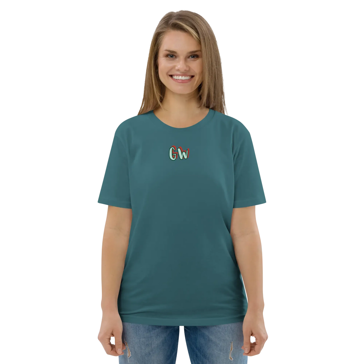 Unisex organic cotton T-shirt, teal blue, small chest logo