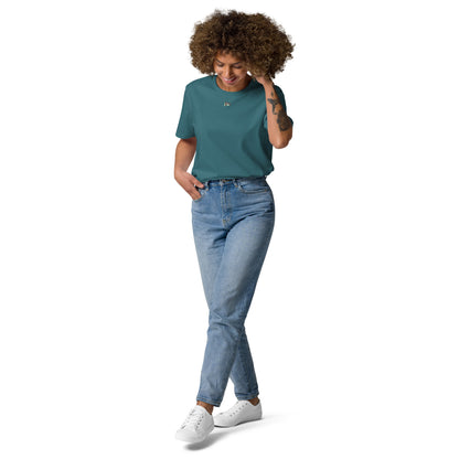 Dark teal unisex organic cotton T-shirt, front with small chest graphic