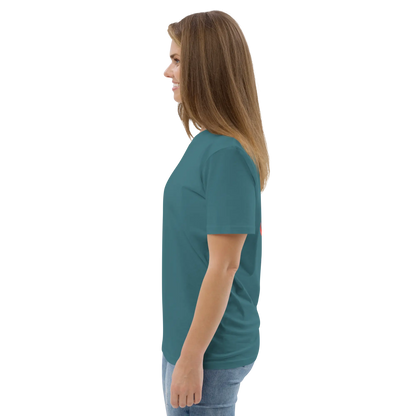 Unisex organic cotton T-shirt, teal, back profile with chest logo