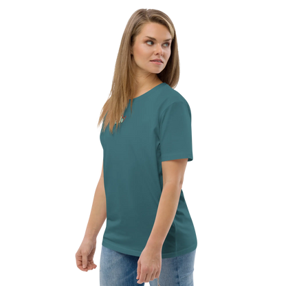 Unisex organic cotton t-shirt, teal blue; front chest logo visible, short sleeves