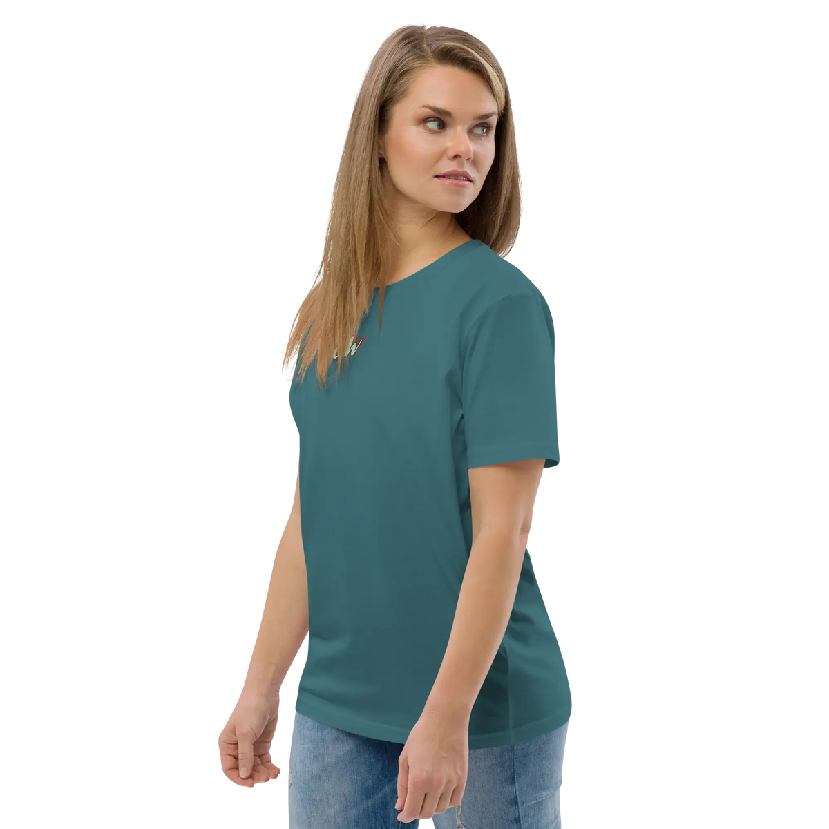 Unisex organic cotton t-shirt, teal blue; front chest logo visible, short sleeves