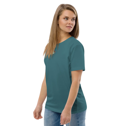 Unisex organic cotton t-shirt, teal blue; front chest logo visible, short sleeves