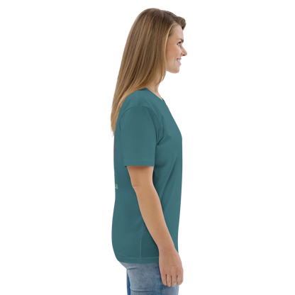 Unisex organic cotton T-shirt, teal, side view of short sleeves and hem
