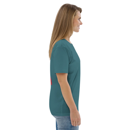 Unisex organic cotton t-shirt, teal blue; side view with sleeve and small back red symbol