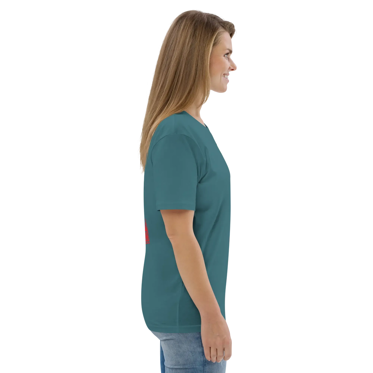 Unisex organic cotton t-shirt, teal blue; side view with sleeve and small back red symbol
