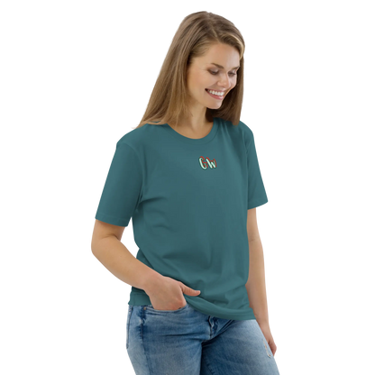 Unisex organic cotton T-shirt, teal, front view with chest logo