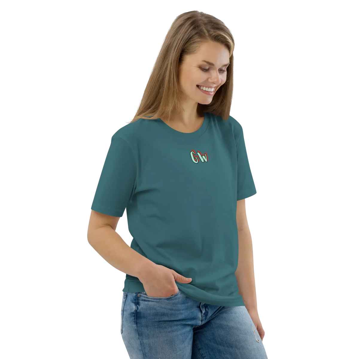 Unisex organic cotton t-shirt, teal blue; small chest logo with green-red detail