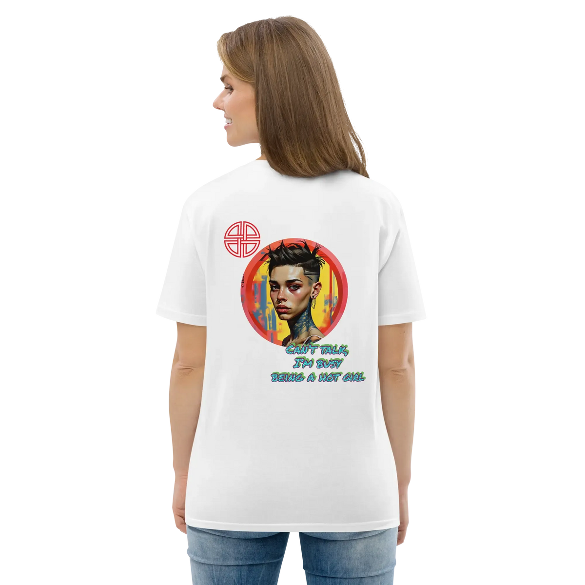 White T-shirt back with large colorful graphic and text across the upper back