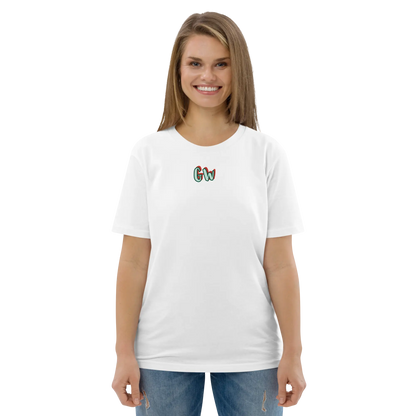 White unisex organic cotton T-shirt with crew neck, short sleeves, small multicolor chest logo