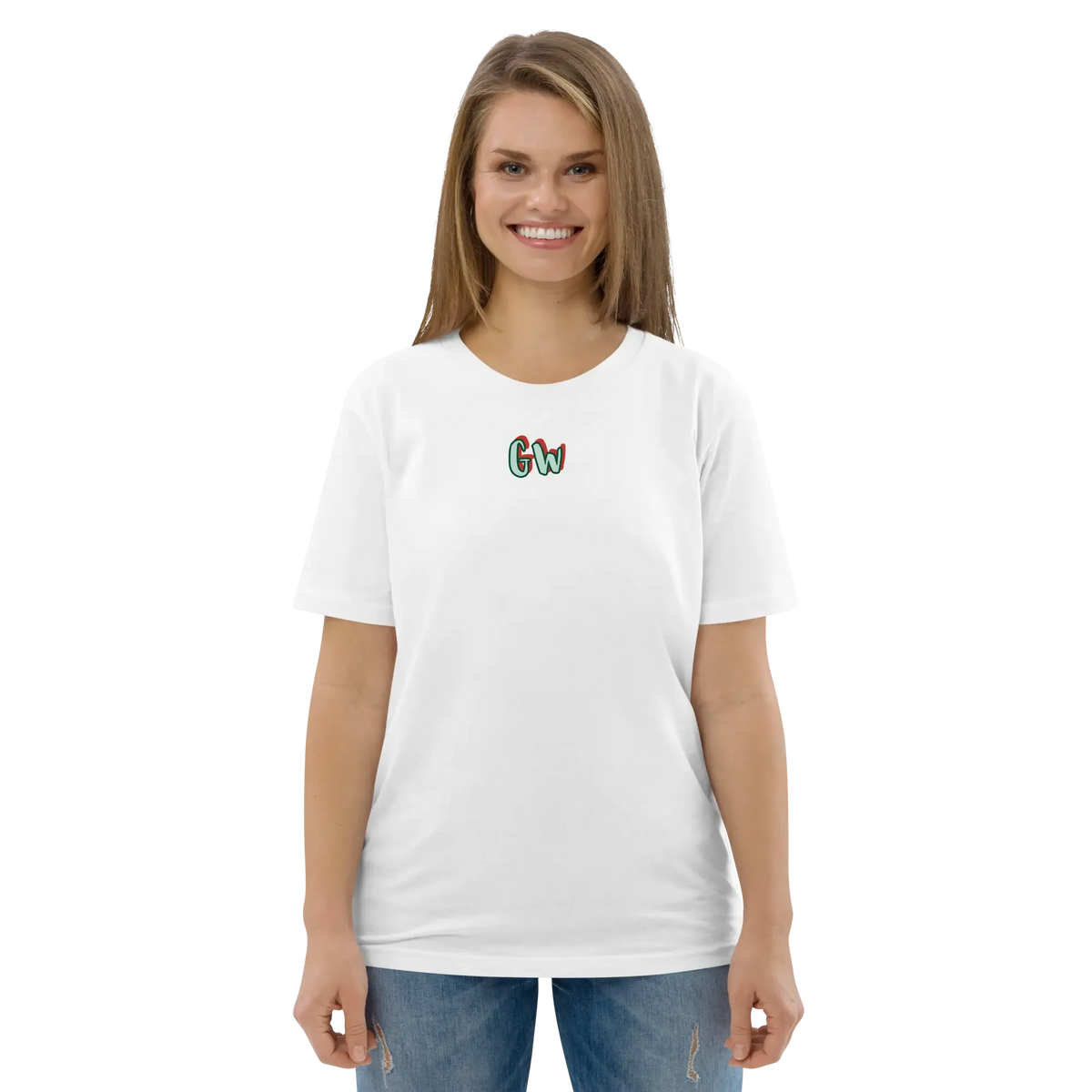 White unisex organic cotton T-shirt with crew neck, short sleeves, small multicolor chest logo