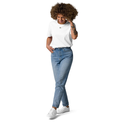 White unisex organic cotton T-shirt, front view with small chest logo
