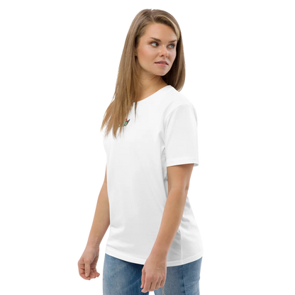 White T-shirt front side view with short sleeves and small multicolor chest logo