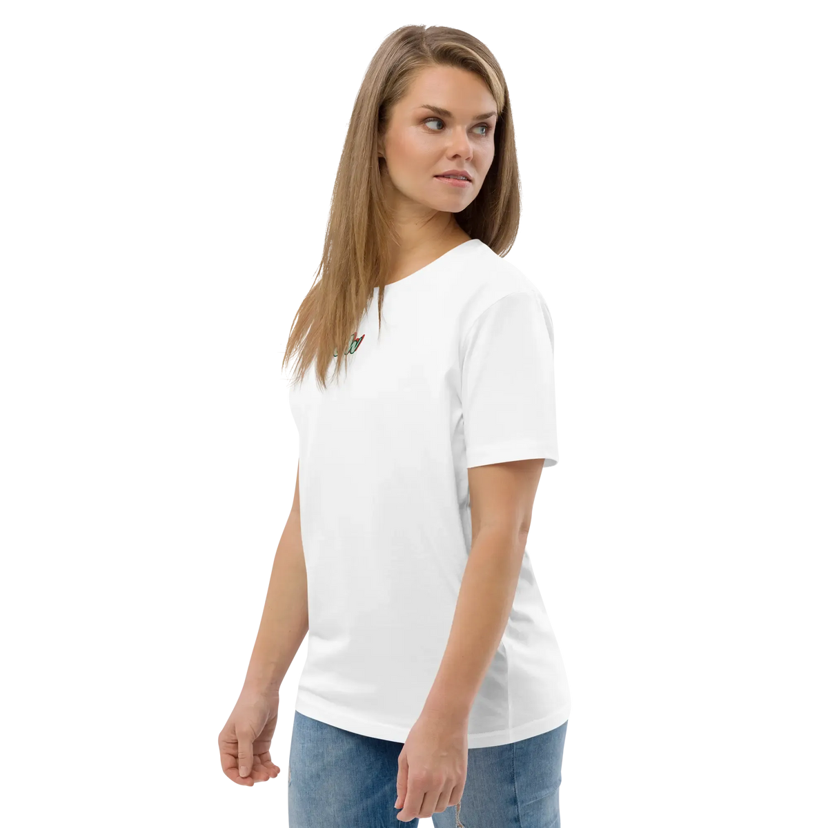 White T-shirt front side view with short sleeves and small multicolor chest logo