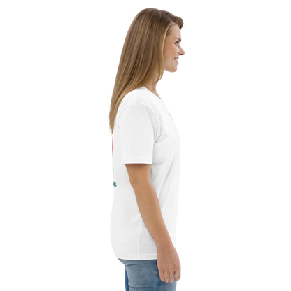 White T-shirt side view showing short sleeves, straight hem, and chest logo detail