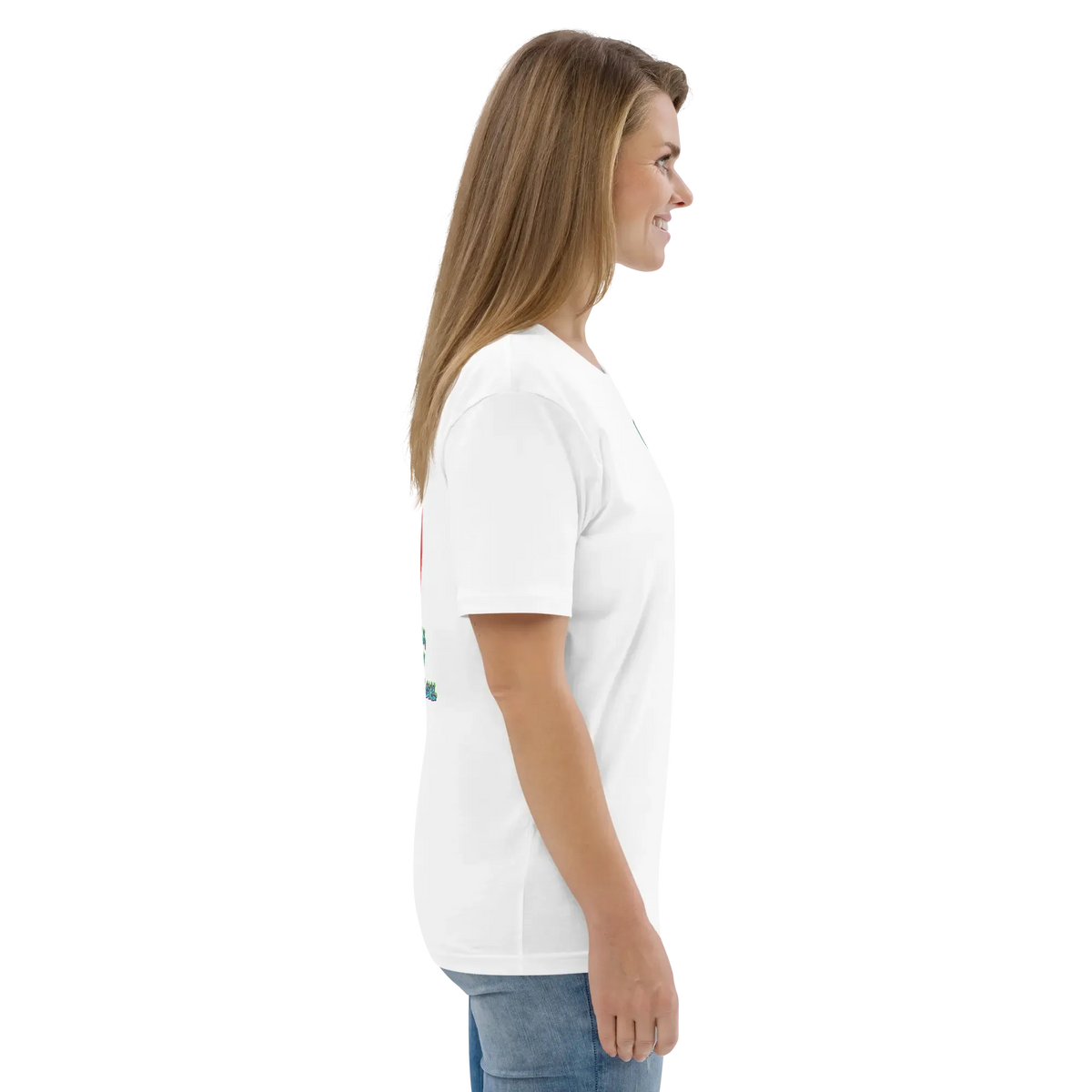 White T-shirt side view showing short sleeves, straight hem, and chest logo detail