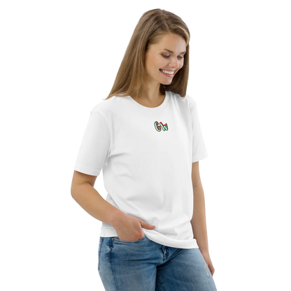 White organic cotton T-shirt with crew neck, short sleeves, and small chest logo