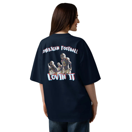 American Football oversized high neck t-shirt in French Navy – Rückenansicht mit 'American Football Lovin' It'-Print