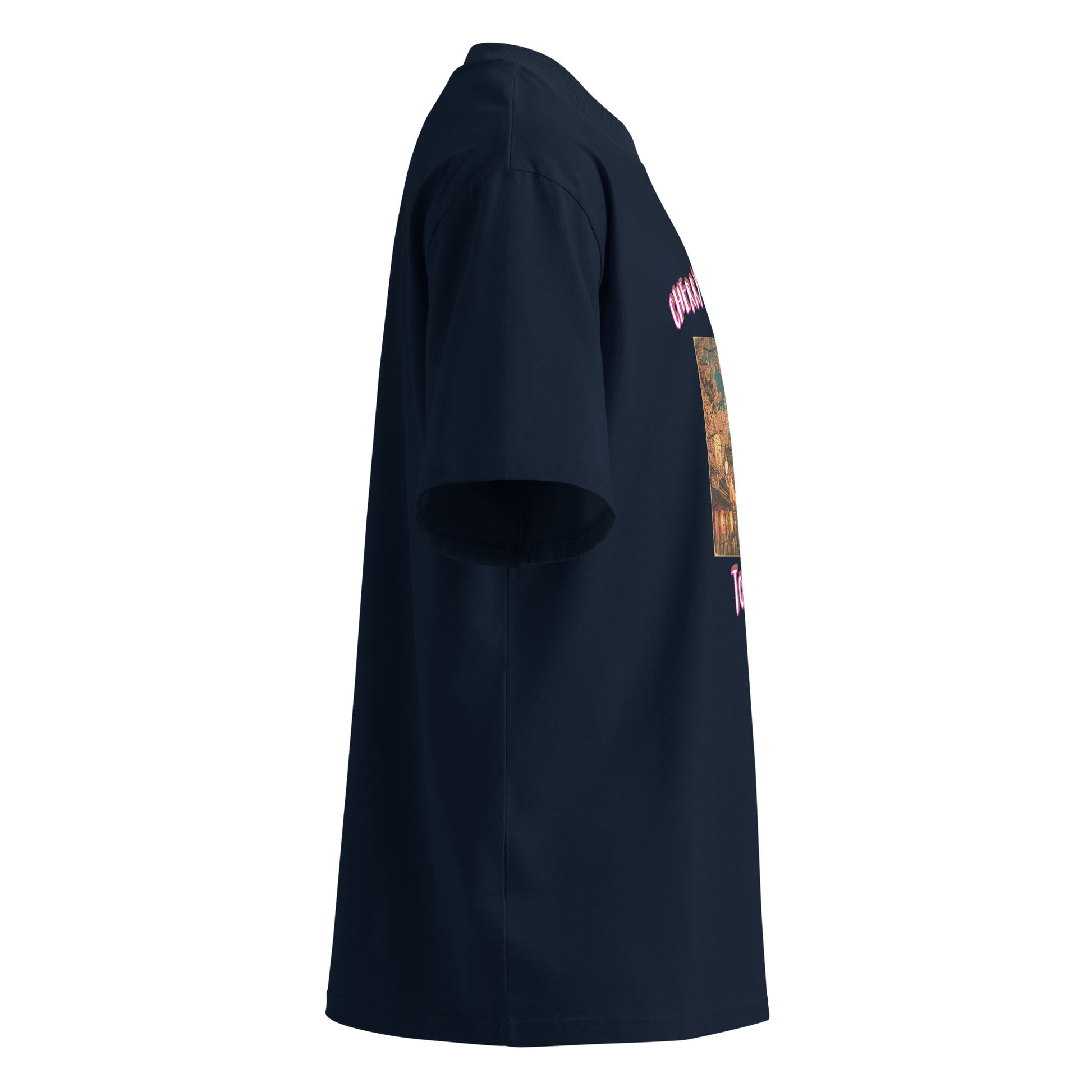 French Navy oversized T-shirt, side view with partial 'Cherry Blossoms' print