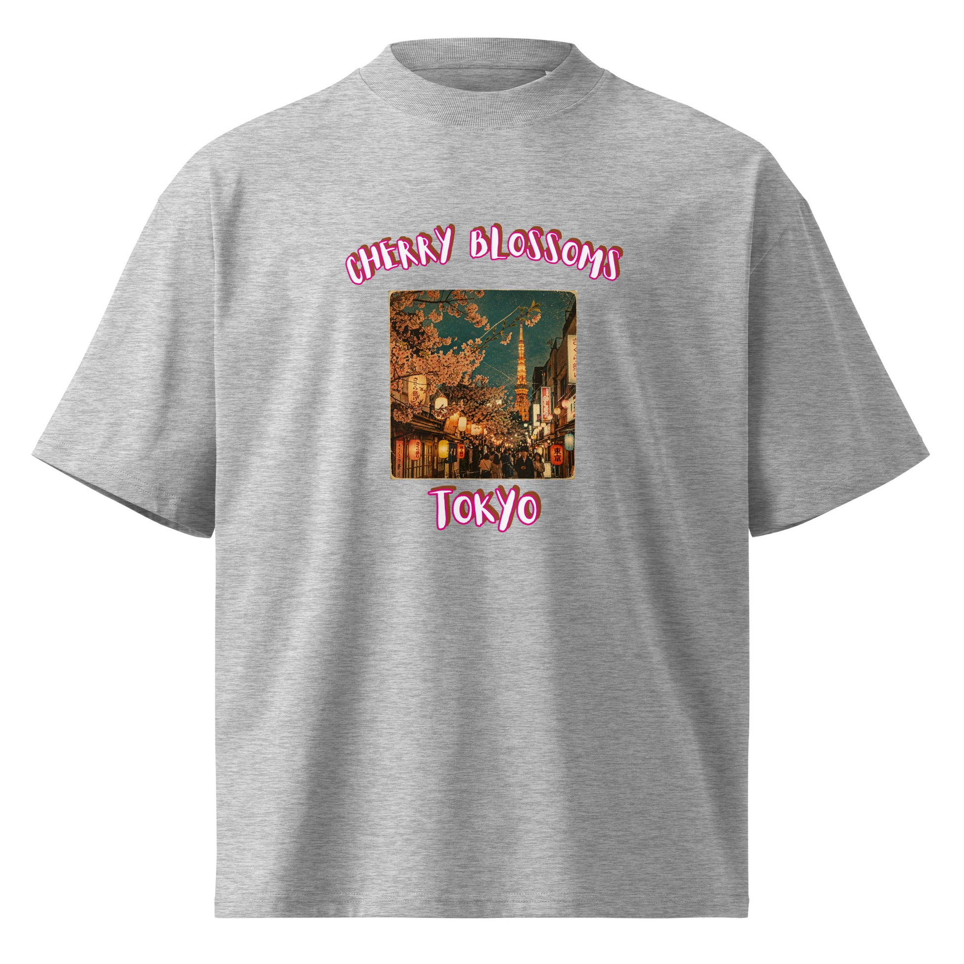 Heather Grey oversized organic T-shirt with 'Cherry Blossoms Tokyo' front print