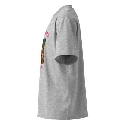 Heather Grey oversized T-shirt, side view showing 'Tokyo' graphic