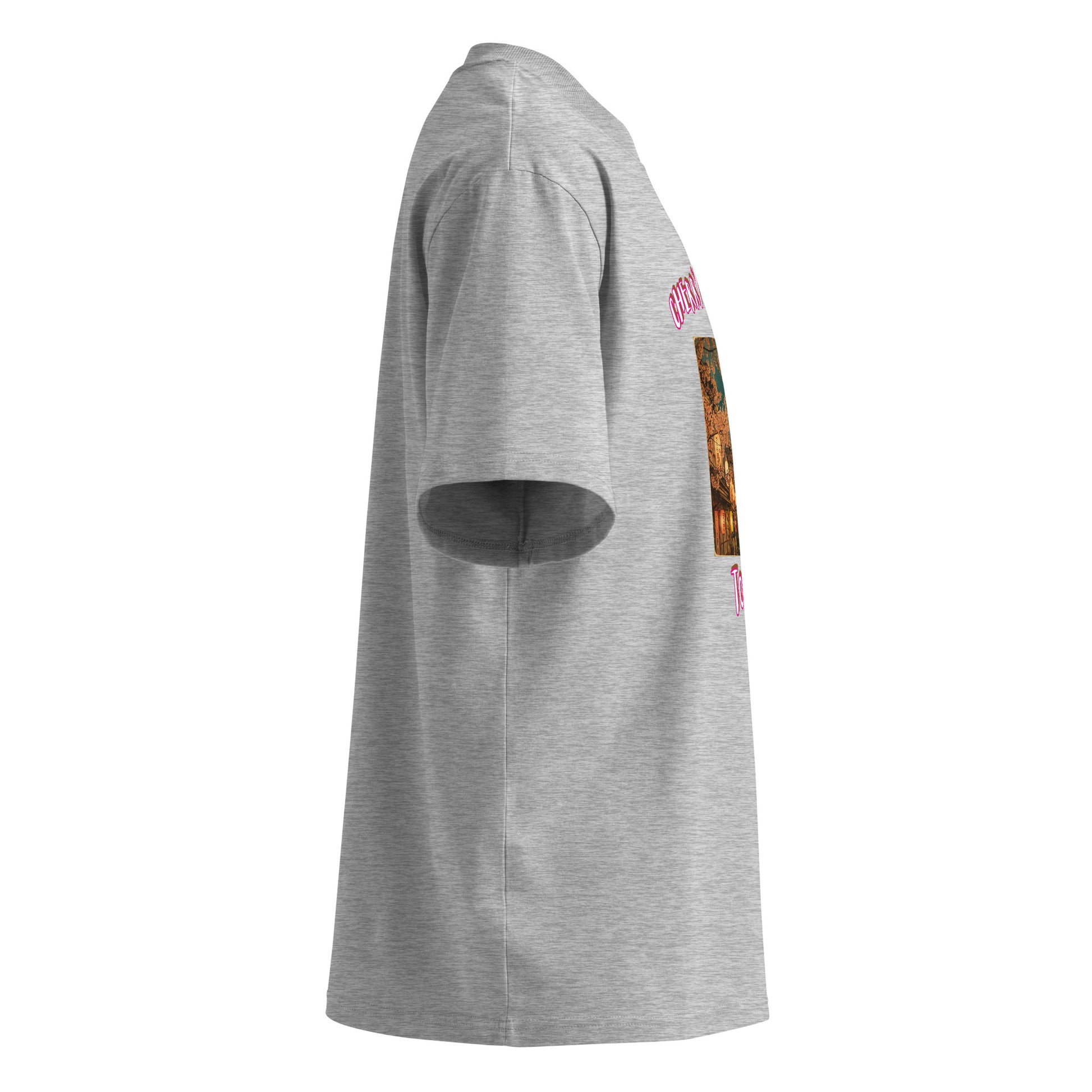 Heather Grey oversized T-shirt, side view with partial 'Cherry Blossoms' sleeve print