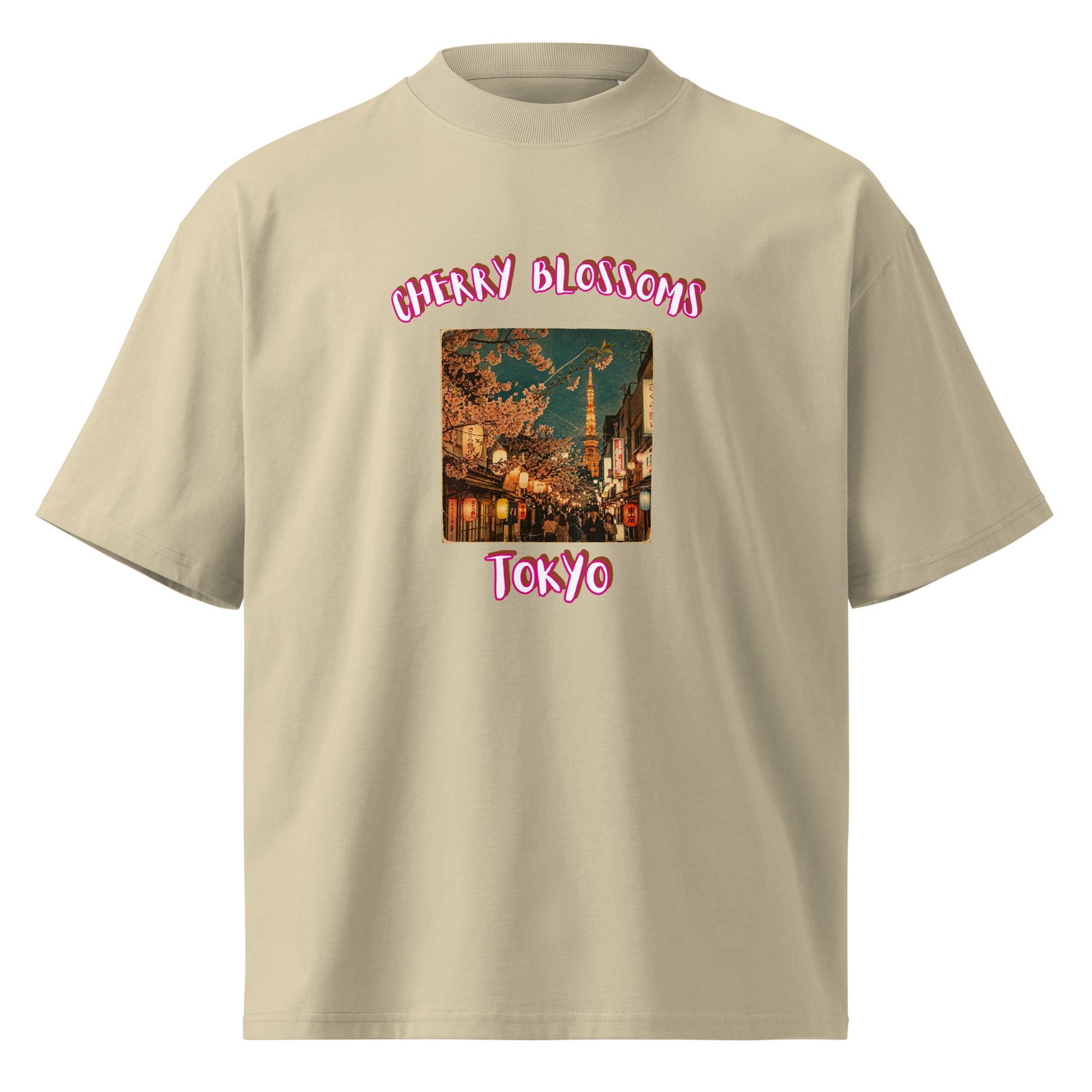 Stone oversized organic T-shirt with 'Cherry Blossoms Tokyo' front print