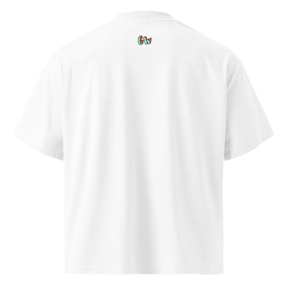 White oversized T-shirt back view with small “Gw” logo at neckline