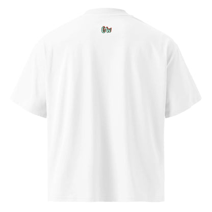 White oversized T-shirt back view with small “Gw” logo at neckline