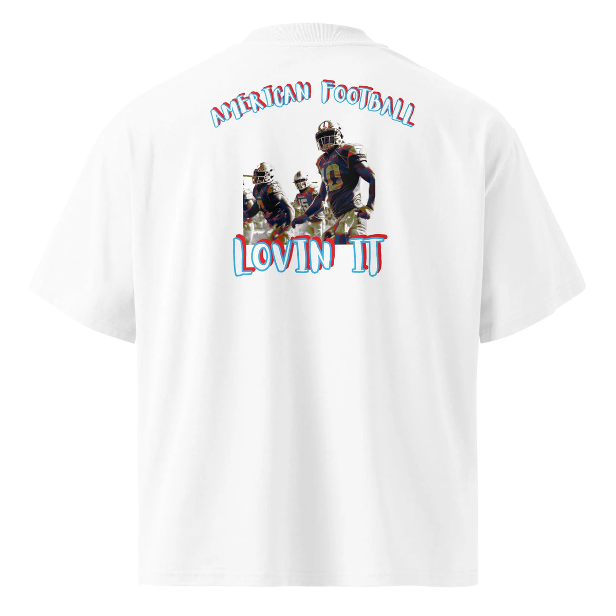 American Football oversized high neck t-shirt in Weiß – Rückenansicht Nahaufnahme