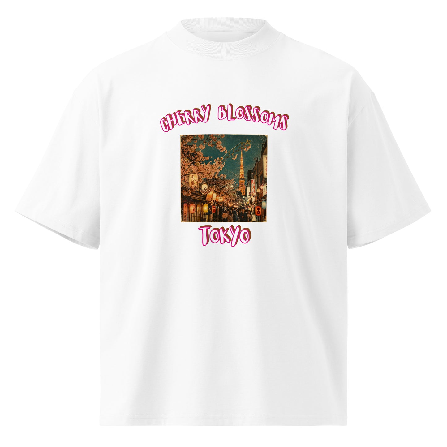 White oversized T-shirt with colorful front graphic and “Tokyo” text