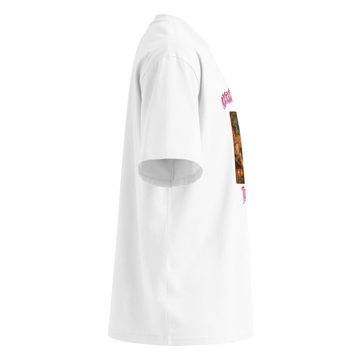 White oversized T-shirt side view with sleeve graphic, crew neck