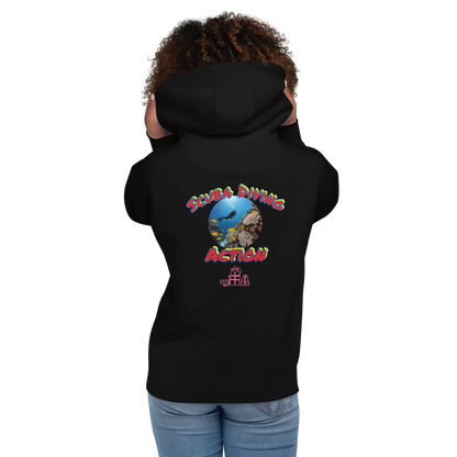 Black unisex scuba hoodie, back view with colorful “Suba Diving Action” graphic