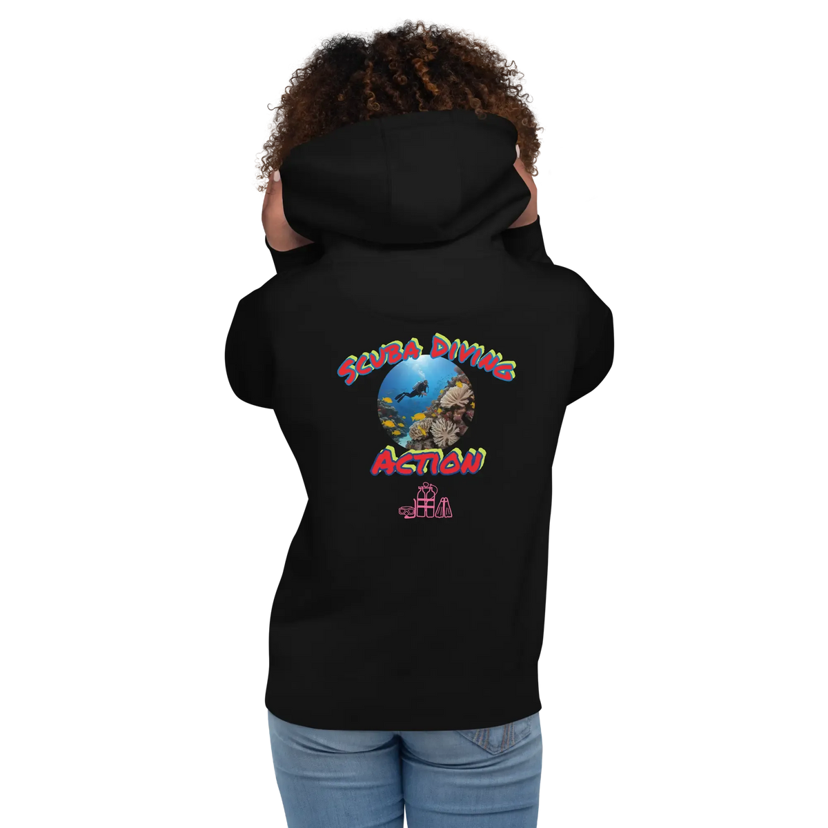 Black unisex scuba hoodie, back view with colorful “Suba Diving Action” graphic