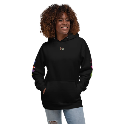 Black unisex scuba hoodie with front pocket, drawstring hood, and small chest logo