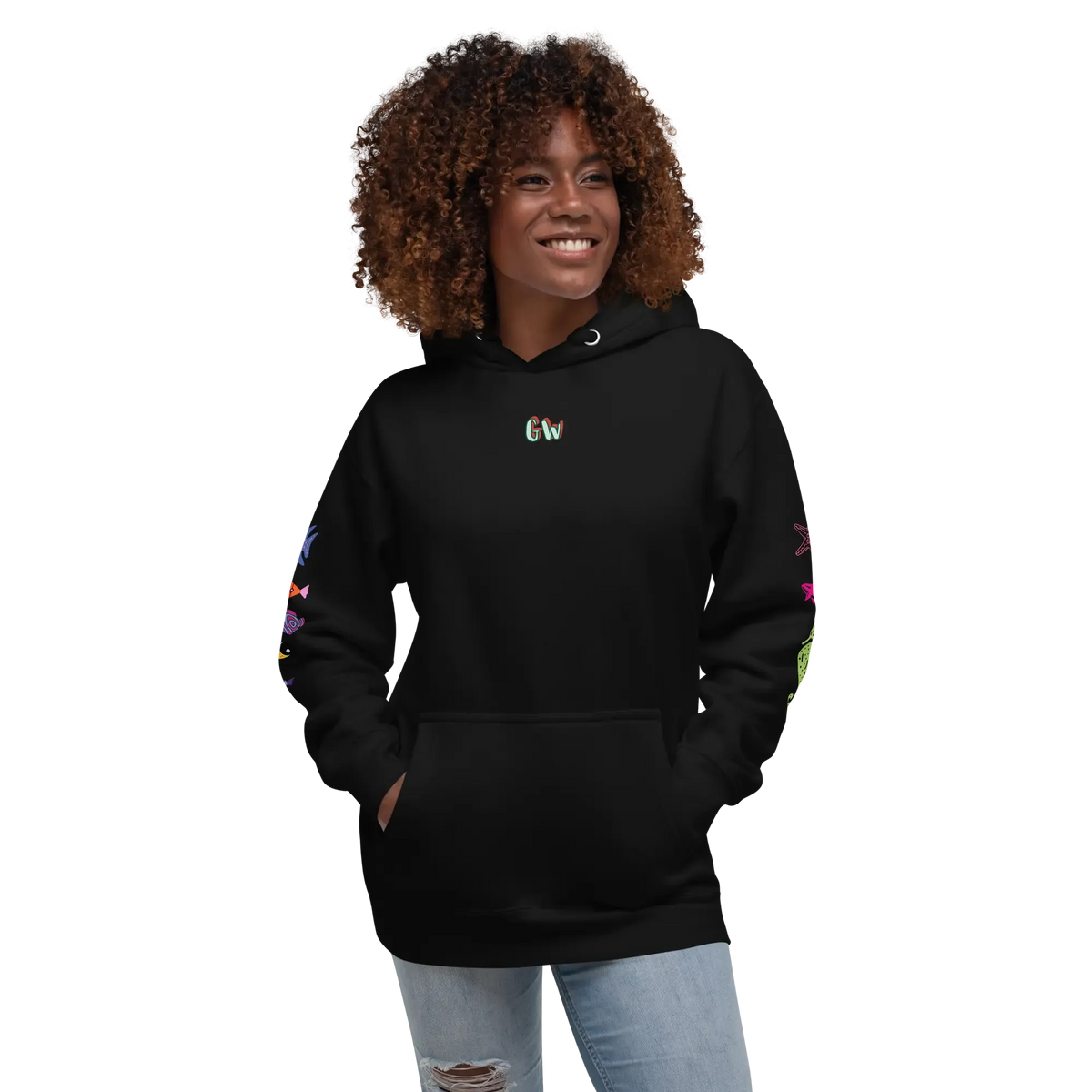 Black unisex scuba hoodie with front pocket, drawstring hood, and small chest logo
