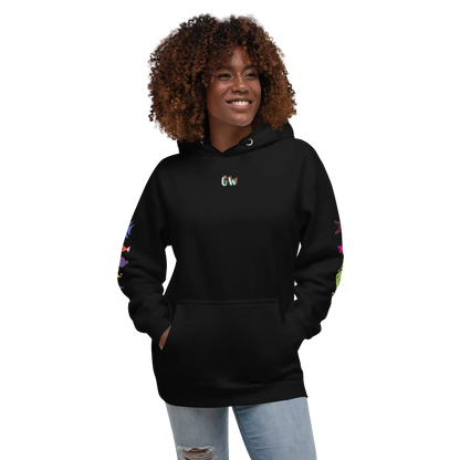 Black unisex scuba hoodie with front pocket, drawstring hood, and small chest logo