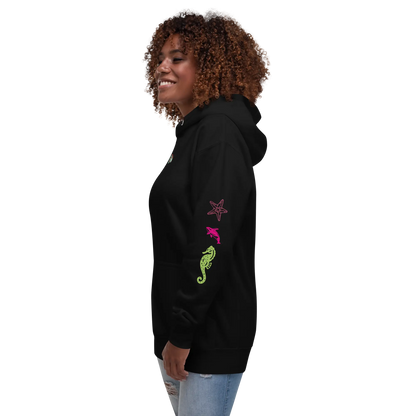 Black unisex scuba hoodie with sea-life graphic on the sleeve and kangaroo pocket