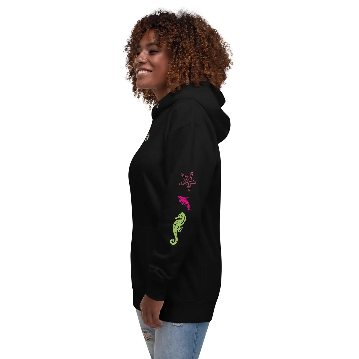 Black unisex scuba hoodie with sea-life graphic on the sleeve and kangaroo pocket