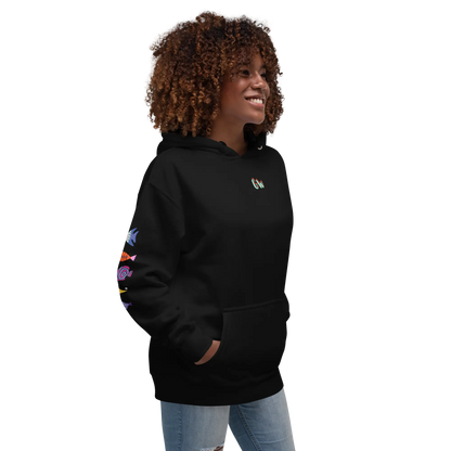 Black unisex scuba hoodie with colorful sleeve icons and small chest logo
