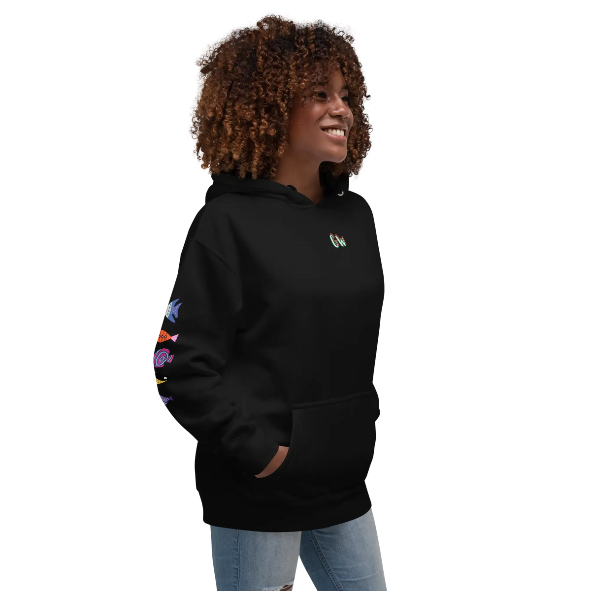 Black unisex scuba hoodie with colorful sleeve icons and small chest logo