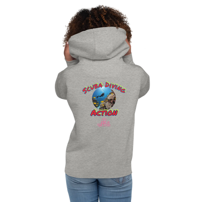 Unisex scuba hoodie, light gray heather, front view with colorful back print via hood